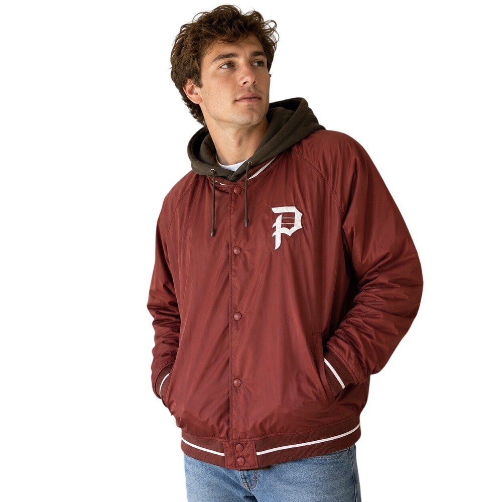 Primitive Skateboarding Mens XL Hooded Varsity Jacket Rust Red Embroidered Logo